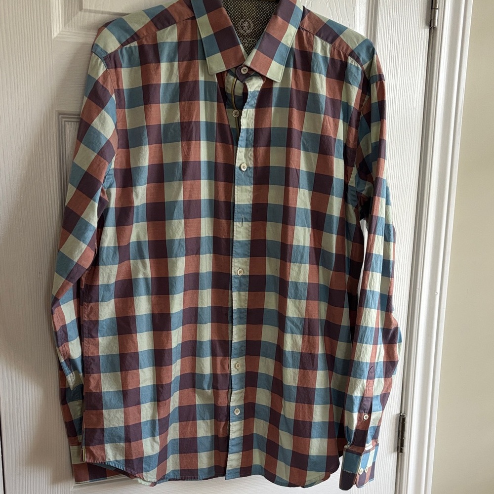 Bugatchi Men's Blue and Brown Plaid Shirt